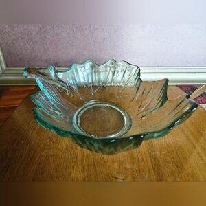 Elegant Teal Oval Glass Leaf Serving Bowl